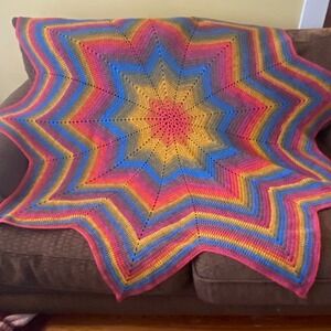 Handmade Crochet Starburst Ripple Blanket Throw Rainbow Grannycore Afghan‎ Boho